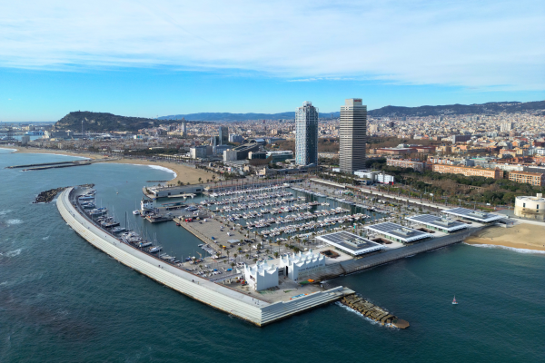 Aerial view of Port Olímpic and the Barcelona coastline