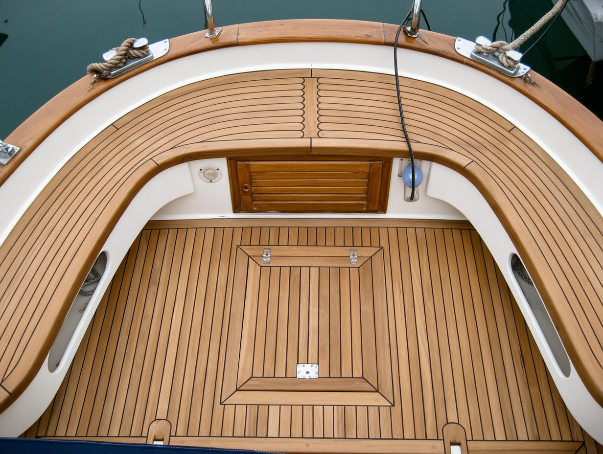 Natural teak yacht deck with curved caulked seams